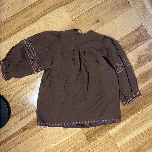 Roberta Freymann 100% Cotton Embroidered Boho Top With Tassel In Brown Size M - Picture 3 of 4